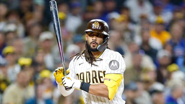 Apr 28, 2026; San Diego, California, USA; San Diego Padres second baseman Fernando Tatis Jr. (23) reacts after a ball call during the fifth inning against the Chicago Cubs at Petco Park. Mandatory Credit: David Frerker-Imagn Images