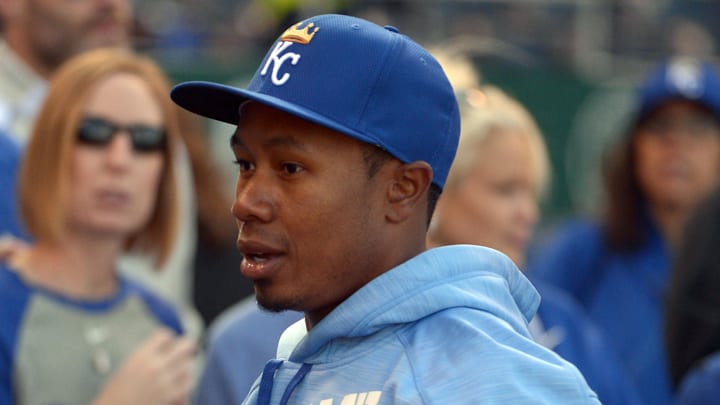 Apr 9, 2016; Kansas City, MO, USA; Kansas City Royals outfielder Terrance Gore (0) signs autographs for fans before the game against the Minnesota Twins at Kauffman Stadium. Mandatory Credit: Denny Medley-Imagn Images