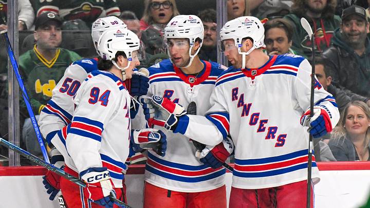 Mar 14, 2026; Saint Paul, Minnesota, USA; New York Rangers forward Noah Laba (42) celebrates his power play goal against the Minnesota Wild with forward Gabe Perreault (94), forward Will Cuylle (50), and defensemen Vladislav Gavrikov (44) during the first period at Grand Casino Arena. Mar 14, 2026; Saint Paul, Minnesota, USA; New York Rangers forward Noah Laba (42) celebrates his power play goal against the Minnesota Wild with forward Gabe Perreault (94), forward Will Cuylle (50), and defensemen Vladislav Gavrikov (44) during the first period at Grand Casino Arena.