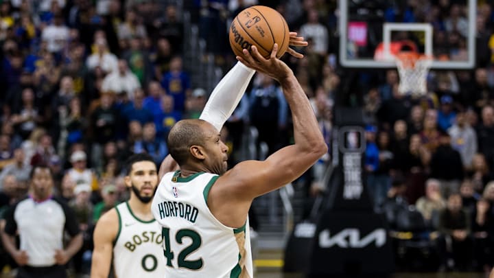 Dec 19, 2023; San Francisco, California, USA; Boston Celtics center Al Horford (42) takes a three-point shot against the Golden State Warriors during the overtime period at Chase Center. Mandatory Credit: John Hefti-Imagn Images Dec 19, 2023; San Francisco, California, USA; Boston Celtics center Al Horford (42) takes a three-point shot against the Golden State Warriors during the overtime period at Chase Center. Mandatory Credit: John Hefti-Imagn Images