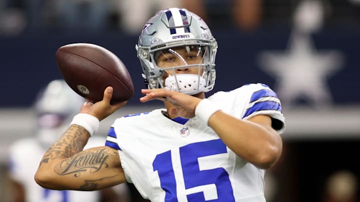 Sep 17, 2023; Arlington, Texas, USA; Dallas Cowboys quarterback Trey Lance (15) throws a pass before the game against the New York Jets at AT&T Stadium. Mandatory Credit: Tim Heitman-USA TODAY Sports