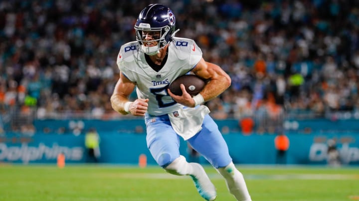 Dec 11, 2023; Miami Gardens, Florida, USA; Tennessee Titans quarterback Will Levis (8) runs with the football against the Miami Dolphins during the second quarter at Hard Rock Stadium.