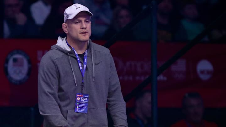 Penn State wrestling head coach Cael Sanderson looks on during a freestyle Championship Final during the U.S. Olympic Wrestling Team Trials at Bryce Jordan Center at Penn State. Penn State wrestling head coach Cael Sanderson looks on during a freestyle Championship Final during the U.S. Olympic Wrestling Team Trials at Bryce Jordan Center at Penn State.