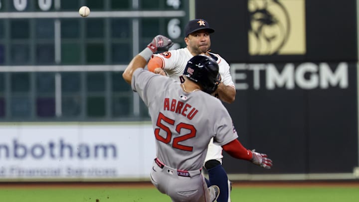 Aug 13, 2025; Houston, Texas, USA; Houston Astros second baseman Jose Altuve (27) forces Boston Red Sox right fielder Wilyer Abreu (52) out at second base and turns a double play in the six inning at Daikin Park. Mandatory Credit: Thomas Shea-Imagn Images Aug 13, 2025; Houston, Texas, USA; Houston Astros second baseman Jose Altuve (27) forces Boston Red Sox right fielder Wilyer Abreu (52) out at second base and turns a double play in the six inning at Daikin Park. Mandatory Credit: Thomas Shea-Imagn Images