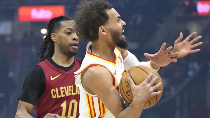 Trae Young #1 of the Atlanta Hawks reacts against the Cleveland Cavaliers.