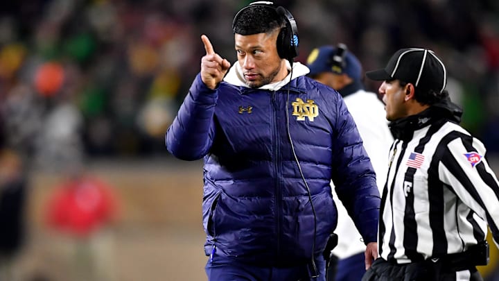 Dec 20, 2024; Notre Dame, Indiana, USA; Notre Dame Fighting Irish head coach Marcus Freeman during the third quarter against the Indiana Hoosiers at Notre Dame Stadium. Mandatory Credit: Matt Cashore-Imagn Images