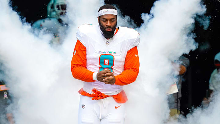 Nov 9, 2025; Miami Gardens, Florida, USA; Miami Dolphins outside linebacker Matthew Judon (8) runs on the field before a game against the Buffalo Bills at Hard Rock Stadium. Mandatory Credit: Jeff Romance-Imagn Images