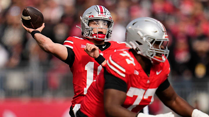 Ohio State Buckeyes quarterback Julian Sayin (10) throws during the NCAA football game against the Penn State Nittany Lions at Ohio Stadium in Columbus on Nov. 1, 2025.