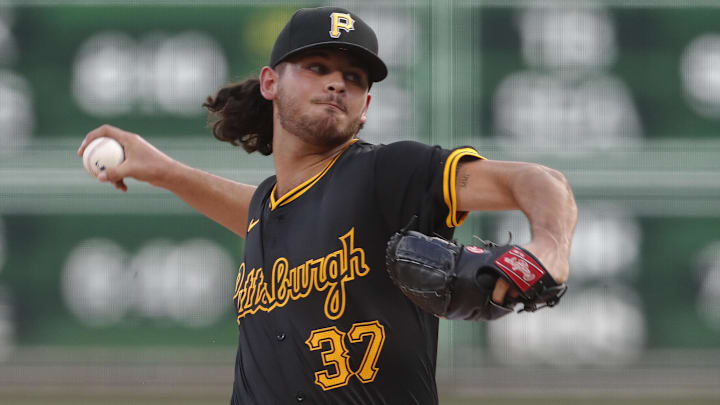 Aug 27, 2024; Pittsburgh, Pennsylvania, USA; Pittsburgh Pirates starting pitcher Jared Jones (37) delivers a pitch against the Chicago Cubs during the first inning at PNC Park. Mandatory Credit: Charles LeClaire-Imagn Images Aug 27, 2024; Pittsburgh, Pennsylvania, USA; Pittsburgh Pirates starting pitcher Jared Jones (37) delivers a pitch against the Chicago Cubs during the first inning at PNC Park. Mandatory Credit: Charles LeClaire-Imagn Images