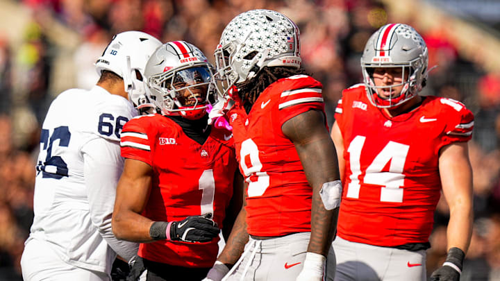 Ohio State Buckeyes cornerback Davison Igbinosun (1) and linebacker Arvell Reese (8) celebrate after Reese sacked the quarterback in the second half of the college football game at Ohio Stadium on Saturday, Nov. 1, 2025 in Columbus, Ohio. Ohio State Buckeyes cornerback Davison Igbinosun (1) and linebacker Arvell Reese (8) celebrate after Reese sacked the quarterback in the second half of the college football game at Ohio Stadium on Saturday, Nov. 1, 2025 in Columbus, Ohio.