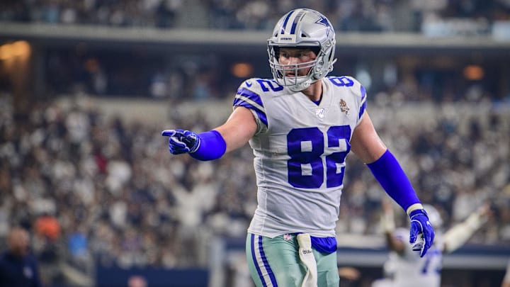 Sep 8, 2019; Arlington, TX, USA; Dallas Cowboys tight end Jason Witten (82) in action during the game between the Cowboys and the Giants at AT&T Stadium. Mandatory Credit: Jerome Miron-Imagn Images