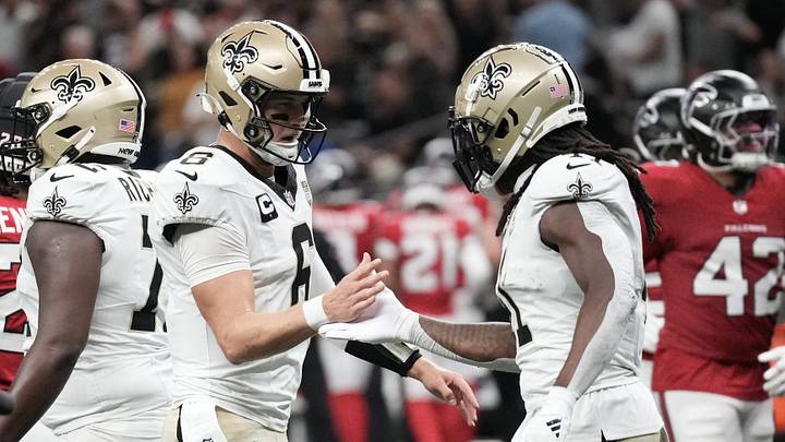 Oct 5, 2026; New Orleans, Louisiana, USA; New Orleans Saints running back Alvin Kamara (41) celebrates with quarterback Tyler Shough (6) after scoring a touchdown against the Atlanta Falcons during the first half at Caesars Superdome. Mandatory Credit: Matthew Hinton-Imagn Images Oct 5, 2026; New Orleans, Louisiana, USA; New Orleans Saints running back Alvin Kamara (41) celebrates with quarterback Tyler Shough (6) after scoring a touchdown against the Atlanta Falcons during the first half at Caesars Superdome. Mandatory Credit: Matthew Hinton-Imagn Images