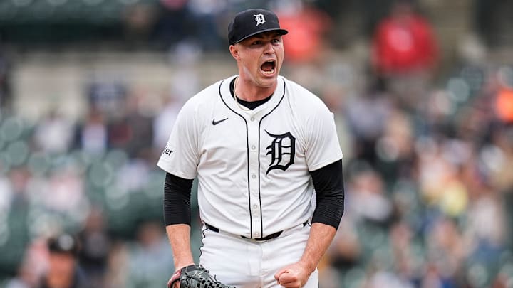 Detroit Tigers pitcher Tarik Skubal (29) celebrates after striking out Tampa Bay Rays left fielder Christopher Morel (24) during the seventh inning at Comerica Park in Detroit.