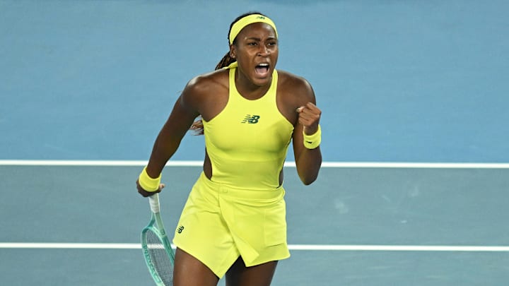 Coco Gauff of USA celebrates before winning her round 2 match against Jodie Burrage of Great Britain during the 2025 Australian Open at Melbourne Park in Melbourne, Wednesday, January 15, 2025. 
