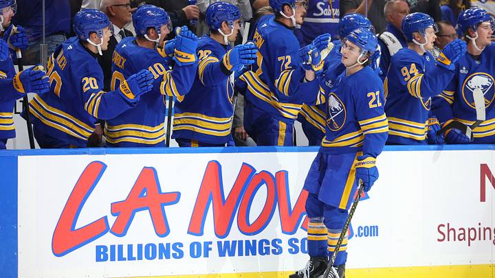 Buffalo Sabres right wing Jack Quinn (22) celebrates his goal with teammates during the first period against the Chicago Blackhawks at KeyBank Center. Mandatory Credit: Timothy T. Ludwig-Imagn Images Buffalo Sabres right wing Jack Quinn (22) celebrates his goal with teammates during the first period against the Chicago Blackhawks at KeyBank Center. Mandatory Credit: Timothy T. Ludwig-Imagn Images