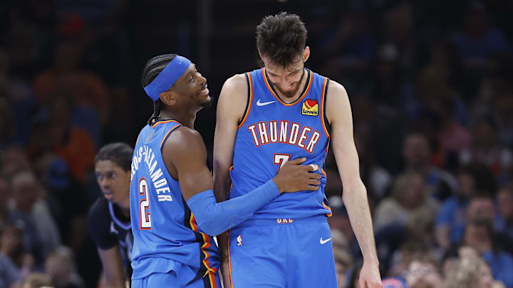 Apr 5, 2026; Oklahoma City, Oklahoma, USA; Oklahoma City Thunder guard Shai Gilgeous-Alexander (2) and center Chet Holmgren (7) laugh after a play against the Utah Jazz during the second half at Paycom Center. Mandatory Credit: Alonzo Adams-Imagn Images Apr 5, 2026; Oklahoma City, Oklahoma, USA; Oklahoma City Thunder guard Shai Gilgeous-Alexander (2) and center Chet Holmgren (7) laugh after a play against the Utah Jazz during the second half at Paycom Center. Mandatory Credit: Alonzo Adams-Imagn Images