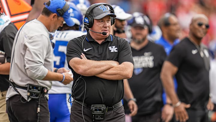 Oct 4, 2025; Athens, Georgia, USA; Kentucky Wildcats head coach Mark Stoops shown on the sidelines during the game against the Georgia Bulldogs during the first half at Sanford Stadium. Mandatory Credit: Dale Zanine-Imagn Images