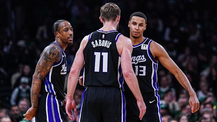 Jan 10, 2025; Boston, Massachusetts, USA; Sacramento Kings forward DeMar DeRozan (10), forward Keegan Murray (13) and forward Domantas Sabonis (11) react after defeating the Boston Celtics at TD Garden. Mandatory Credit: David Butler II-Imagn Images Jan 10, 2025; Boston, Massachusetts, USA; Sacramento Kings forward DeMar DeRozan (10), forward Keegan Murray (13) and forward Domantas Sabonis (11) react after defeating the Boston Celtics at TD Garden. Mandatory Credit: David Butler II-Imagn Images