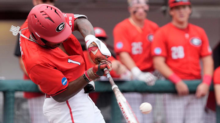 Georgia infielder Tre Phelps (1) hits a home run during a NCAA Regionals game against Binghamton in Athens, Ga., on Friday, May 30, 2025.