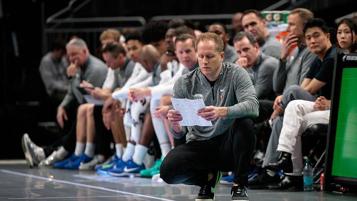 Mar 10, 2026; Kansas City, MO, USA; BYU Cougars coach Kevin Young courtside during the first half against the Kansas State Wildcats at T-Mobile Center. Mandatory Credit: William Purnell-Imagn Images