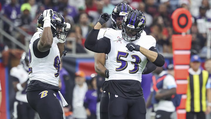 Dec 15, 2024; Houston, Texas, USA; Baltimore Ravens linebacker Kyle Van Noy (53) celebrates after sacking Houston Texans quarterback C.J. Stroud (7) during the first quarter at NRG Stadium. Mandatory Credit: Troy Taormina-Imagn Images