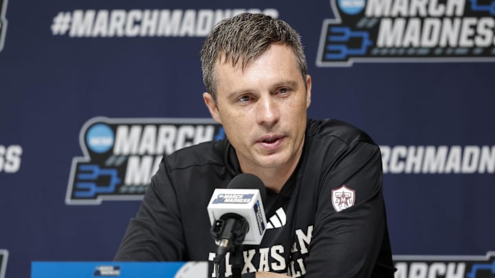 Texas A&M Aggies head coach Bucky McMillan speaks to the media during a press conference ahead of the first round of the men's 2026 NCAA Tournament at Paycom Center.