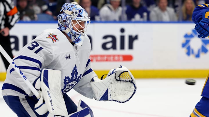 Dec 21, 2023; Buffalo, New York, USA;  Toronto Maple Leafs goaltender Martin Jones (31) looks to