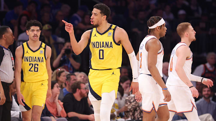 May 19, 2024; New York, New York, USA; Indiana Pacers guard Tyrese Haliburton (0) reacts during Game 7 against the New York Knicks May 19, 2024; New York, New York, USA; Indiana Pacers guard Tyrese Haliburton (0) reacts during Game 7 against the New York Knicks