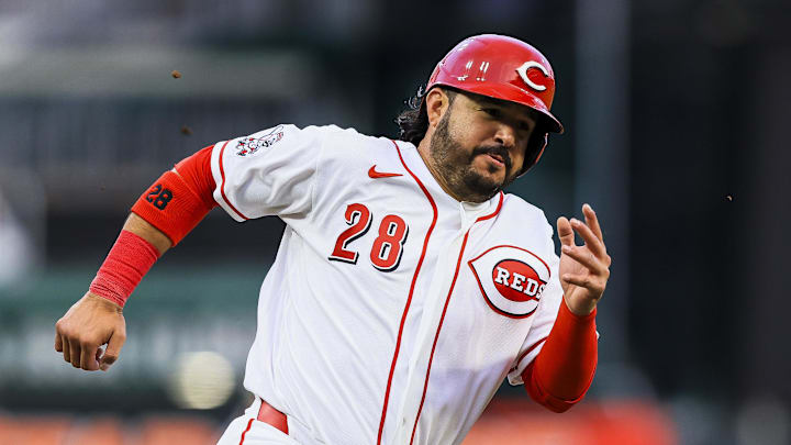 Eugenio Suarez (28) scores on a RBI triple hit by Cincinnati Reds outfielder Will Benson.