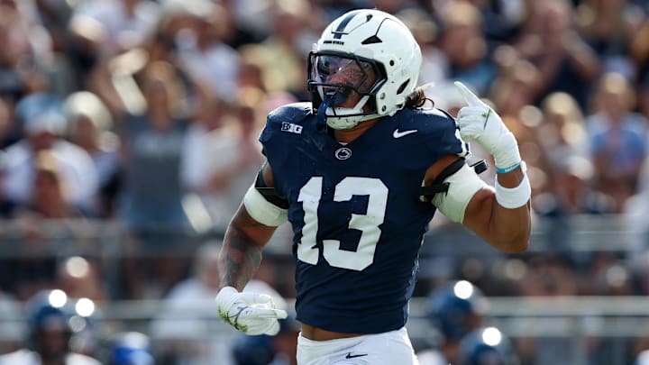 Penn State Nittany Lions linebacker Tony Rojas reacts following a sack on Villanova Wildcats quarterback Tanner Maddocks during the second quarter at Beaver Stadium. 