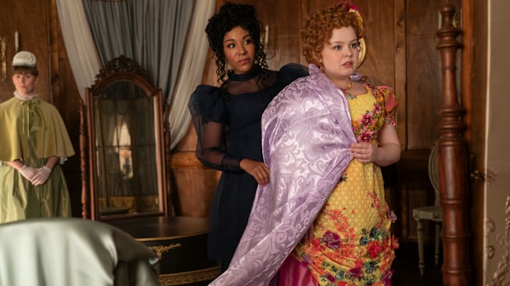 Bridgerton. (L to R) Rosa Hesmondhalgh as Rae, Kathryn Drysdale as Genevieve Delacroix, Nicola Coughlan as Penelope Featherington in episode 301 of Bridgerton. Cr. Liam Daniel/Netflix © 2024