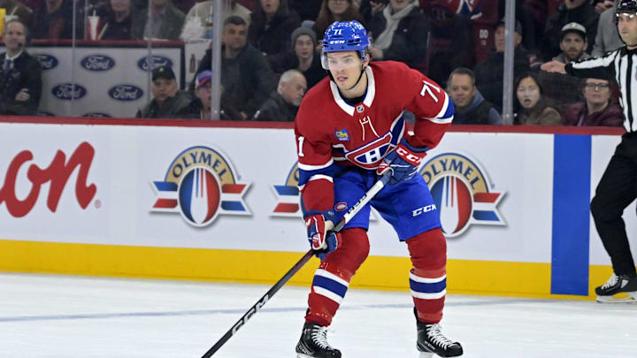 Oct 26, 2024; Montreal, Quebec, CAN; Montreal Canadiens forward Jake Evans (71) scores a goal against the St.Louis Blues during the first period at the Bell Centre. Mandatory Credit: Eric Bolte-Imagn Images