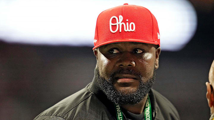 Former Ohio State quarterback Cardale Jones watches warm-ups before the start of the National Championship. Former Ohio State quarterback Cardale Jones watches warm-ups before the start of the National Championship.