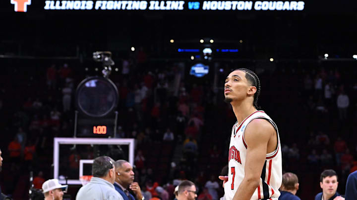 Mar 26, 2026; Houston, TX, USA; Houston Cougars guard Milos Uzan (7) reacts after the game in a Sweet Sixteen game of the South Regional of the men's 2026 NCAA Tournament at Toyota Center. Mandatory Credit: Maria Lysaker-Imagn Images Mar 26, 2026; Houston, TX, USA; Houston Cougars guard Milos Uzan (7) reacts after the game in a Sweet Sixteen game of the South Regional of the men's 2026 NCAA Tournament at Toyota Center. Mandatory Credit: Maria Lysaker-Imagn Images