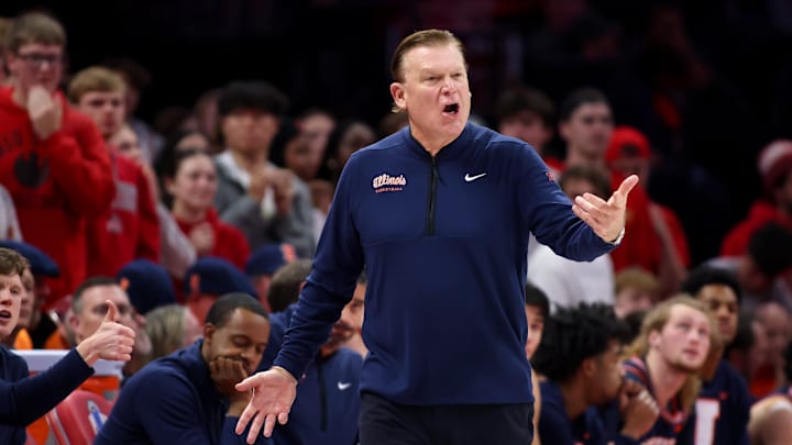 Dec 9, 2025; Columbus, Ohio, USA; Illinois Fighting Illini head coach Brad Underwood reacts to a call during the first half against the Ohio State Buckeyes Value City Arena. Mandatory Credit: Joseph Maiorana-Imagn Images
