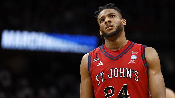 Mar 27, 2026; Washington, DC, USA; St. John's Red Storm forward Zuby Ejiofor (24) reacts after losing to Duke Blue Devils during a Sweet Sixteen game of the East Regional of the men's 2026 NCAA Tournament at Capital One Arena. Mandatory Credit: Geoff Burke-Imagn Images Mar 27, 2026; Washington, DC, USA; St. John's Red Storm forward Zuby Ejiofor (24) reacts after losing to Duke Blue Devils during a Sweet Sixteen game of the East Regional of the men's 2026 NCAA Tournament at Capital One Arena. Mandatory Credit: Geoff Burke-Imagn Images