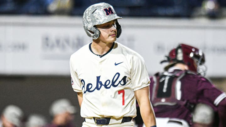 Ole Miss infielder Luke Hill (7) reacts to striking out in the 8th inning against Mississippi State at Swayze Field in Oxford, Miss., on Friday, Apr. 12, 2024.