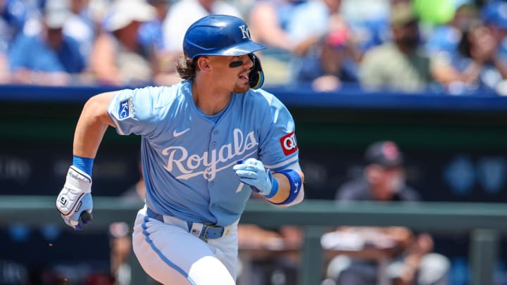  Kansas City Royals shortstop Bobby Witt Jr. runs to first base after a hit during the first inning against the Cleveland Guardians at Kauffman Stadium.