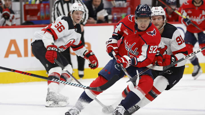 Jan 3, 2024; Washington, District of Columbia, USA; Washington Capitals center Evgeny Kuznetsov (92)