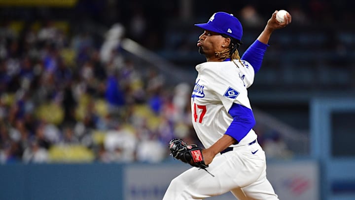 Los Angeles Dodgers relief pitcher Jose Urena (47) throws against the New York Mets during the ninth inning at Dodger Stadium on June 3, 2025.