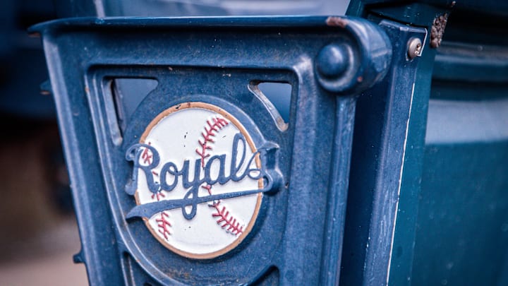 Apr 16, 2023; Kansas City, Missouri, USA; Logo on stadium seats prior to the game between the Kansas City Royals and the Atlanta Braves at Kauffman Stadium. Mandatory Credit: William Purnell-Imagn Images