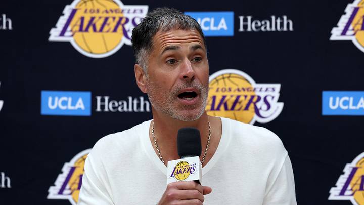 Sep 24, 2026; Los Angeles, CA, USA;  Los Angeles Lakers president of basketball operations and general manager Rob Pelinka speaks to the media during a press conference at UCLA Health Training Center. Mandatory Credit: Kiyoshi Mio-Imagn Images