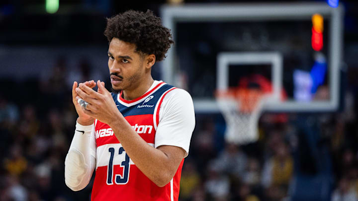 Apr 8, 2025; Indianapolis, Indiana, USA; Washington Wizards guard Jordan Poole (13) in the first half against the Indiana Pacers at Gainbridge Fieldhouse. Mandatory Credit: Trevor Ruszkowski-Imagn Images