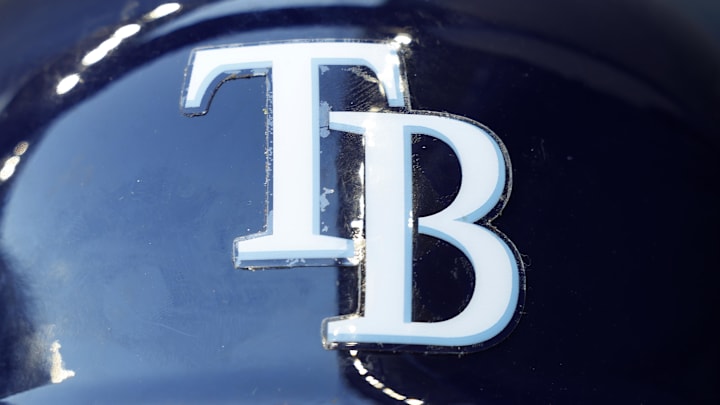 Aug 9, 2022; Milwaukee, Wisconsin, USA; The Tampa Bay Rays logo on a batting helmet prior to the game against the Milwaukee Brewers at American Family Field. Aug 9, 2022; Milwaukee, Wisconsin, USA; The Tampa Bay Rays logo on a batting helmet prior to the game against the Milwaukee Brewers at American Family Field.