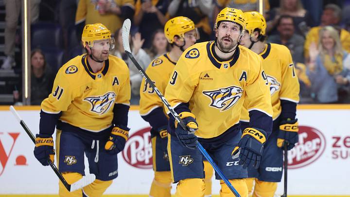 Apr 16, 2026; Nashville, Tennessee, USA; Nashville Predators left wing Filip Forsberg (9) regroups with his team after scoring a goal during the first period of their game against the Anaheim Ducks at Bridgestone Arena. Mandatory Credit: Alan Poizner-Imagn Images Apr 16, 2026; Nashville, Tennessee, USA; Nashville Predators left wing Filip Forsberg (9) regroups with his team after scoring a goal during the first period of their game against the Anaheim Ducks at Bridgestone Arena. Mandatory Credit: Alan Poizner-Imagn Images