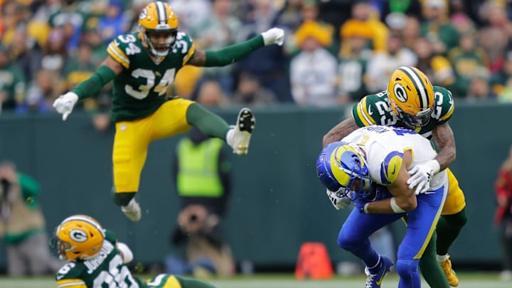 Green Bay Packers cornerback Jaire Alexander (23) tackles Los Angeles Rams wide receiver Cooper Kupp (10) on a first down reception during their football game Sunday, November 5, 2023, at Lambeau Field in Green Bay, Wis.
Dan Powers/USA TODAY NETWORK-Wisconsin. Green Bay Packers cornerback Jaire Alexander (23) tackles Los Angeles Rams wide receiver Cooper Kupp (10) on a first down reception during their football game Sunday, November 5, 2023, at Lambeau Field in Green Bay, Wis.
Dan Powers/USA TODAY NETWORK-Wisconsin.