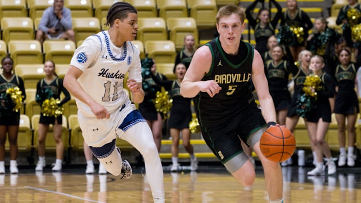 Birdville’s Trent Bowers (5) dribbles the ball during the boys basketball Class 5A regional final against Chapin on Friday, Feb. 28, 2025, at Andrews High School.
