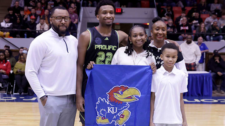 Darryn Peterson, a Kansas recruit, and his family are recognized before Prolific Prep’s game against St. Vincent-St. Mary in the Scholastic Play-by-Play Classic, Tuesday, Feb. 18, 2025, at Canton Memorial Civic Center.