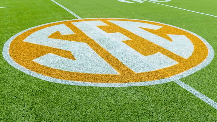Oct 20, 2018; Knoxville, TN, USA; The SEC logo on the field at Neyland Stadium before a game between the Tennessee Volunteers and Alabama Crimson Tide. Mandatory Credit: Bryan Lynn-Imagn Images
