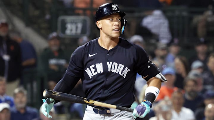 Mar 20, 2025; Sarasota, Florida, USA; New York Yankees outfielder Aaron Judge (99) looks on after he strikes out during the fifth inning against the Baltimore Orioles at Ed Smith Stadium. Mar 20, 2025; Sarasota, Florida, USA; New York Yankees outfielder Aaron Judge (99) looks on after he strikes out during the fifth inning against the Baltimore Orioles at Ed Smith Stadium.